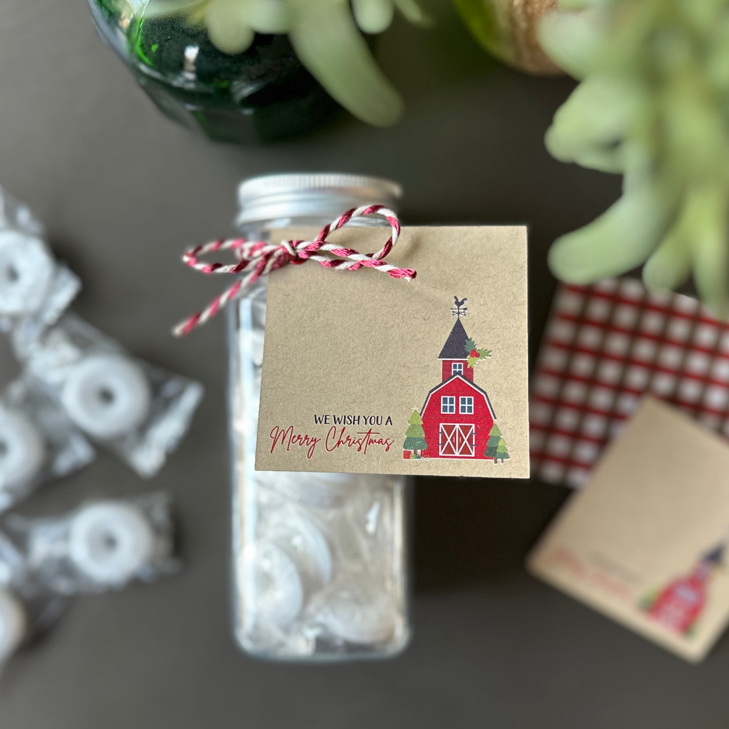 Set of 25 Double-sided Christmas Gift Tags - 2” x 2” - We Wish You a Merry Christmas, Red and Brown Gingham on Brown Kraft