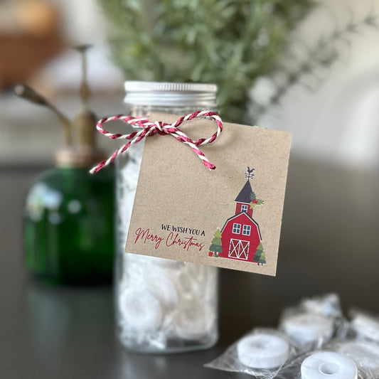 Set of 25 Double-sided Christmas Gift Tags - 2” x 2” - We Wish You a Merry Christmas, Red and Brown Gingham on Brown Kraft