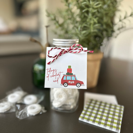 Set of 25 Double-sided Holiday Gift Tags - 2” x 2” - Tidings of Comfort and Joy, Green and Grey Gingham