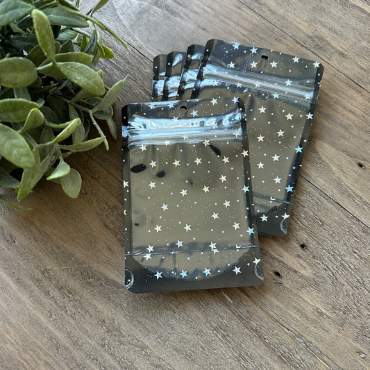 Set of 25 Holographic Star Pouches - Stand Up Bag with Zipper - 4” x 2-3/8” x 6” - Heat Sealable and Resealable - Perfect for Mini Cookies, Samples, Sprinkles, and more