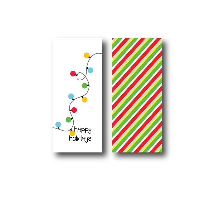 Set of Happy Holidays String Gift Tags 1” x 2-7/8” - Christmas, String Lights, Multi-color Stripes - Gift, Present, Packaging Tag