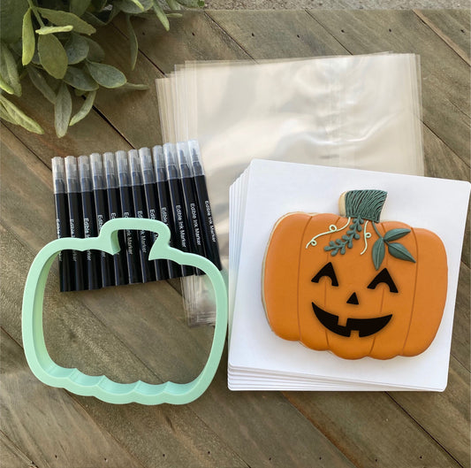 Draw Your Own Jack-o-lantern - Packaging Set of 12 with Cookie Cutter - Cookie Boards, Heat Seal Bags, Mini Edible Pens - Just Add Cookies