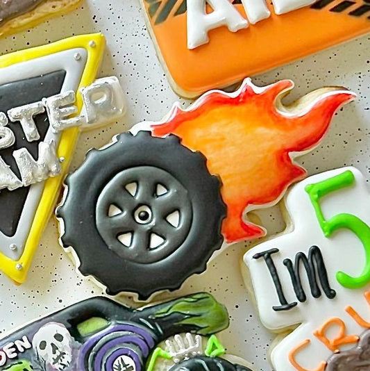 Off Road Tire with Flames Cookie Cutter - Perfect for Monster Truck and Racing Theme Cookies - Cutter for Dough, Fondant, and More (#CCK427)