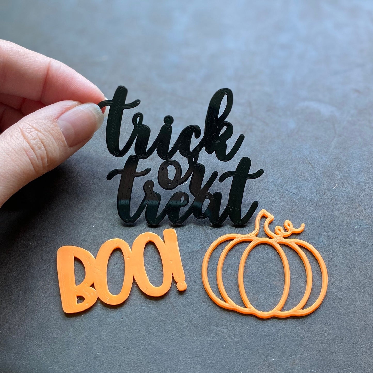 BOO, Trick or Treat - Halloween Themed 3D Printed Toppers for Cupcakes, Cake, and Cookie Cakes - 1/16” Thick, Sizes Vary