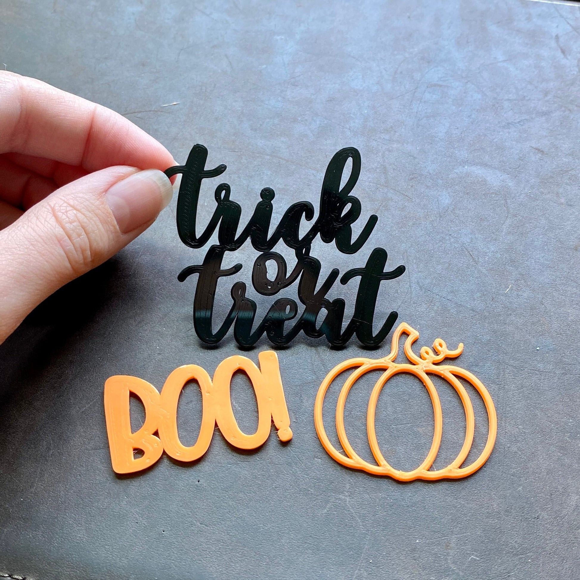 BOO, Trick or Treat - Halloween Themed 3D Printed Toppers for Cupcakes, Cake, and Cookie Cakes - 1/16” Thick, Sizes Vary