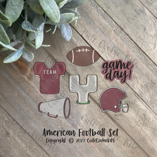 Football cookie cutters - mini 2” size to jumbo 6” size. Football, jersey, helmet, goal post, megaphone, and “Game Day!” plaque shapes.